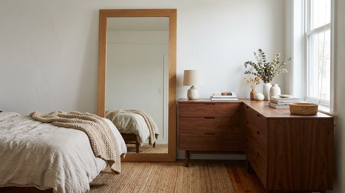 A Mirror Leaned at the Back idea for bedroom dresser decor ideas in a small rental A Mirror Leaned at the Back idea for bedroom dresser decor ideas in a small rental