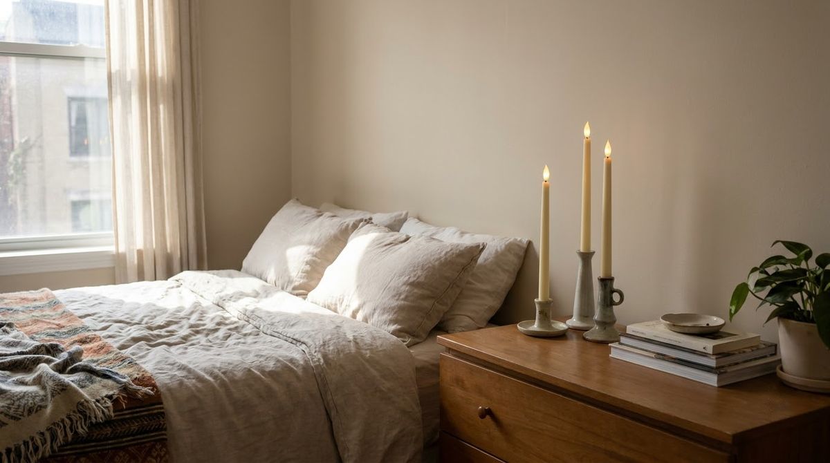 LED Taper Candles in Ceramic Holders idea for bedroom dresser decor ideas in a small rental LED Taper Candles in Ceramic Holders idea for bedroom dresser decor ideas in a small rental
