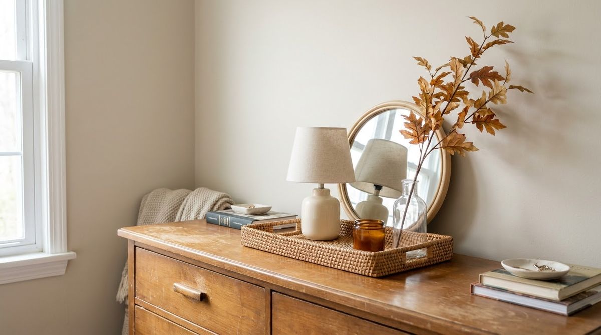 A Seasonal Swap Kit idea for bedroom dresser decor ideas in a small rental A Seasonal Swap Kit idea for bedroom dresser decor ideas in a small rental