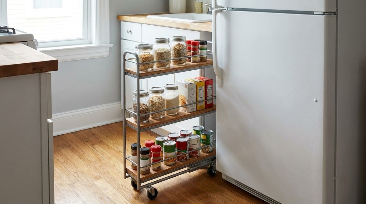 A Slim Rolling Cart in the Gap idea for kitchen pantry ideas in a small rental A Slim Rolling Cart in the Gap idea for kitchen pantry ideas in a small rental
