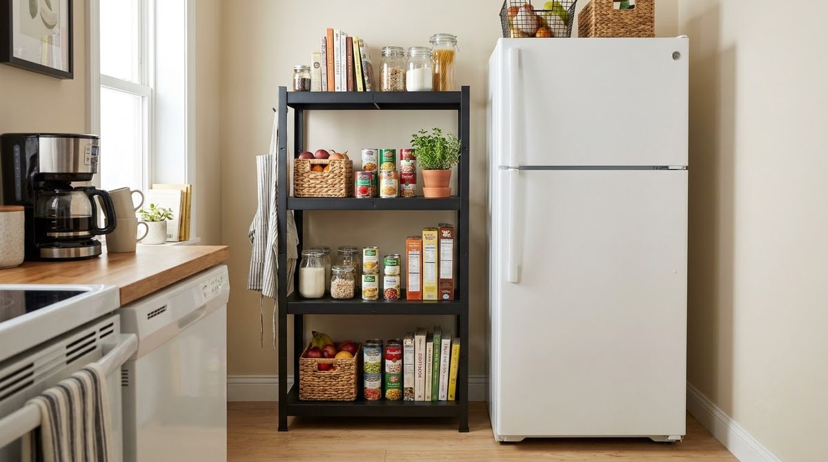 A Freestanding Rack Beside the Fridge idea for kitchen pantry ideas in a small rental A Freestanding Rack Beside the Fridge idea for kitchen pantry ideas in a small rental