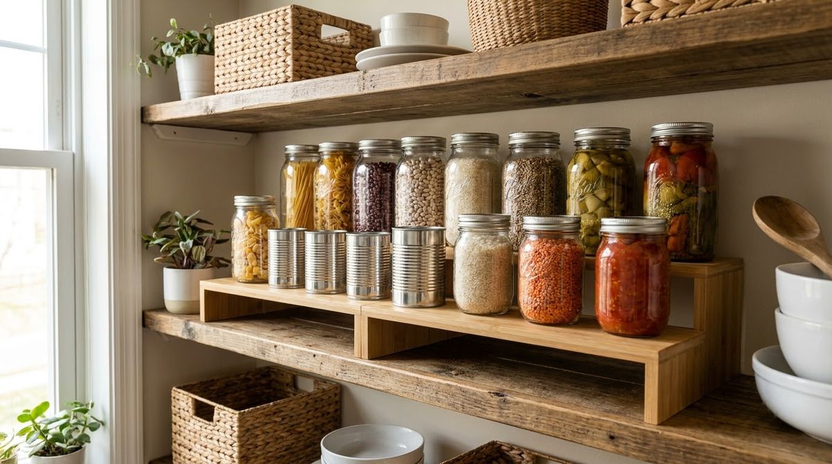 Shelf Risers for Cans and Jars idea for kitchen pantry ideas in a small rental Shelf Risers for Cans and Jars idea for kitchen pantry ideas in a small rental