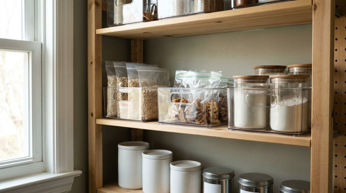 Clear acrylic bins sorting pantry food by category on open shelves Clear acrylic bins sorting pantry food by category on open shelves