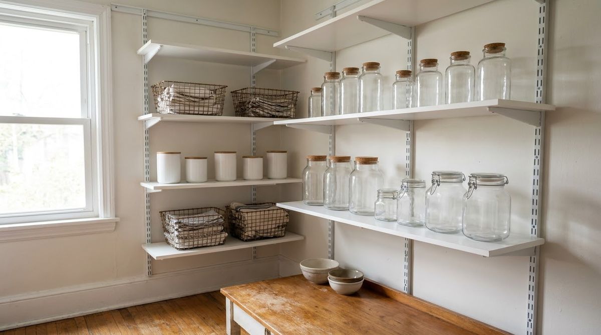 Adjustable pantry shelves set to fit tall jars and short tins Adjustable pantry shelves set to fit tall jars and short tins