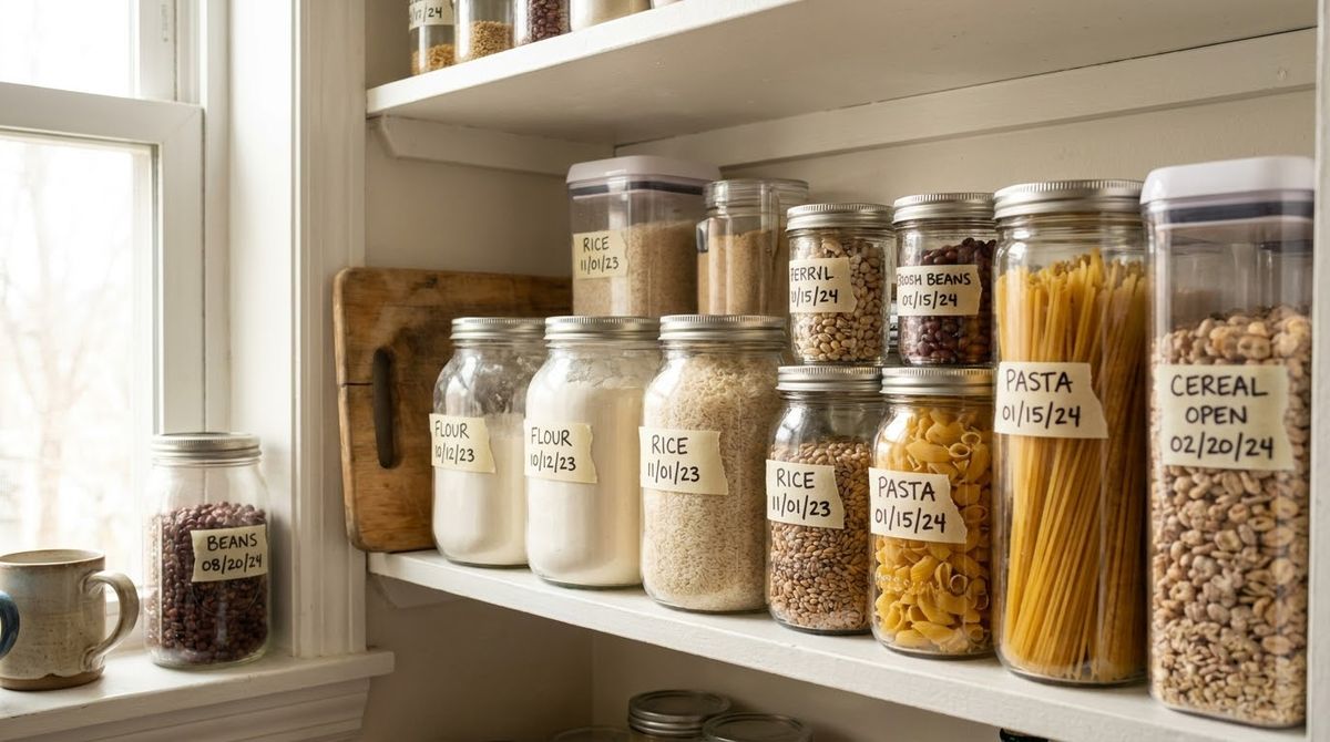 Labels With Dates on Every Container idea for kitchen pantry ideas in a small rental Labels With Dates on Every Container idea for kitchen pantry ideas in a small rental