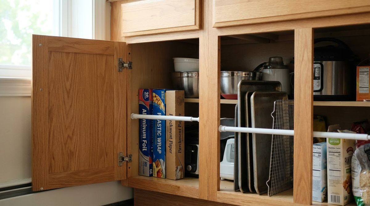 A Tension Rod for Wraps and Baking Sheets idea for kitchen pantry ideas A Tension Rod for Wraps and Baking Sheets idea for kitchen pantry ideas
