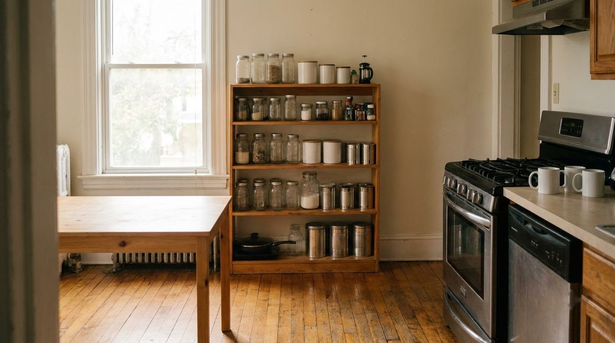 Pantry shelves placed away from the stove and oven heat in a small kitchen Pantry shelves placed away from the stove and oven heat in a small kitchen