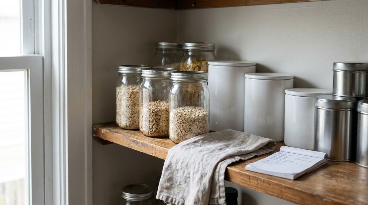Small pantry shelf during a quick monthly tidy-up reset Small pantry shelf during a quick monthly tidy-up reset