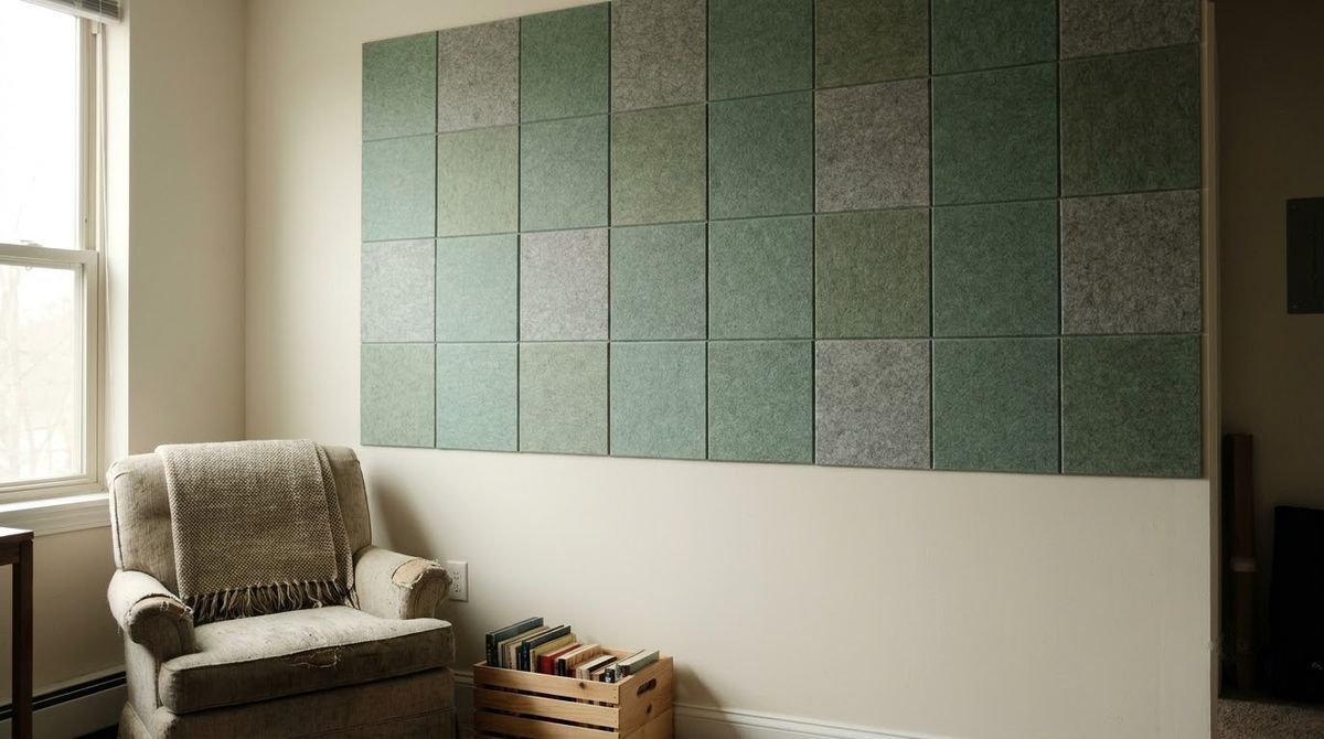 Felt Acoustic Tiles in a Grid idea for renter friendly wall panels in a small rental Felt Acoustic Tiles in a Grid idea for renter friendly wall panels in a small rental