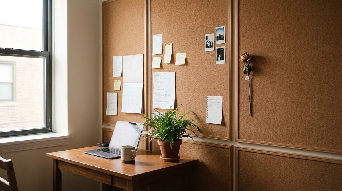 A Cork Board Wall idea for renter friendly wall panels in a small rental A Cork Board Wall idea for renter friendly wall panels in a small rental