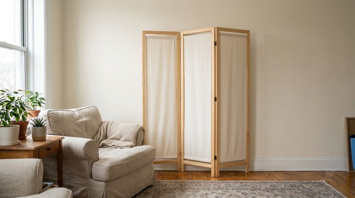 A Three-Panel Wood and Linen Screen idea for renter friendly wall panels in a small rental A Three-Panel Wood and Linen Screen idea for renter friendly wall panels in a small rental