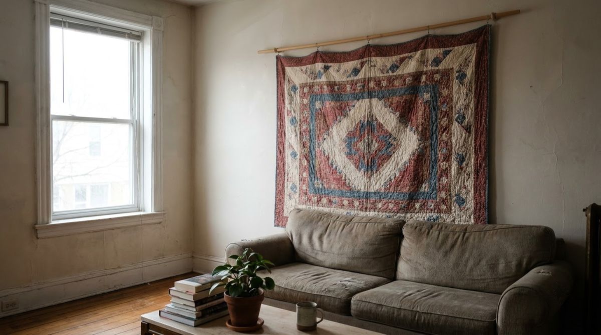 A Hung Tapestry or Quilt idea for renter friendly wall panels in a small rental A Hung Tapestry or Quilt idea for renter friendly wall panels in a small rental