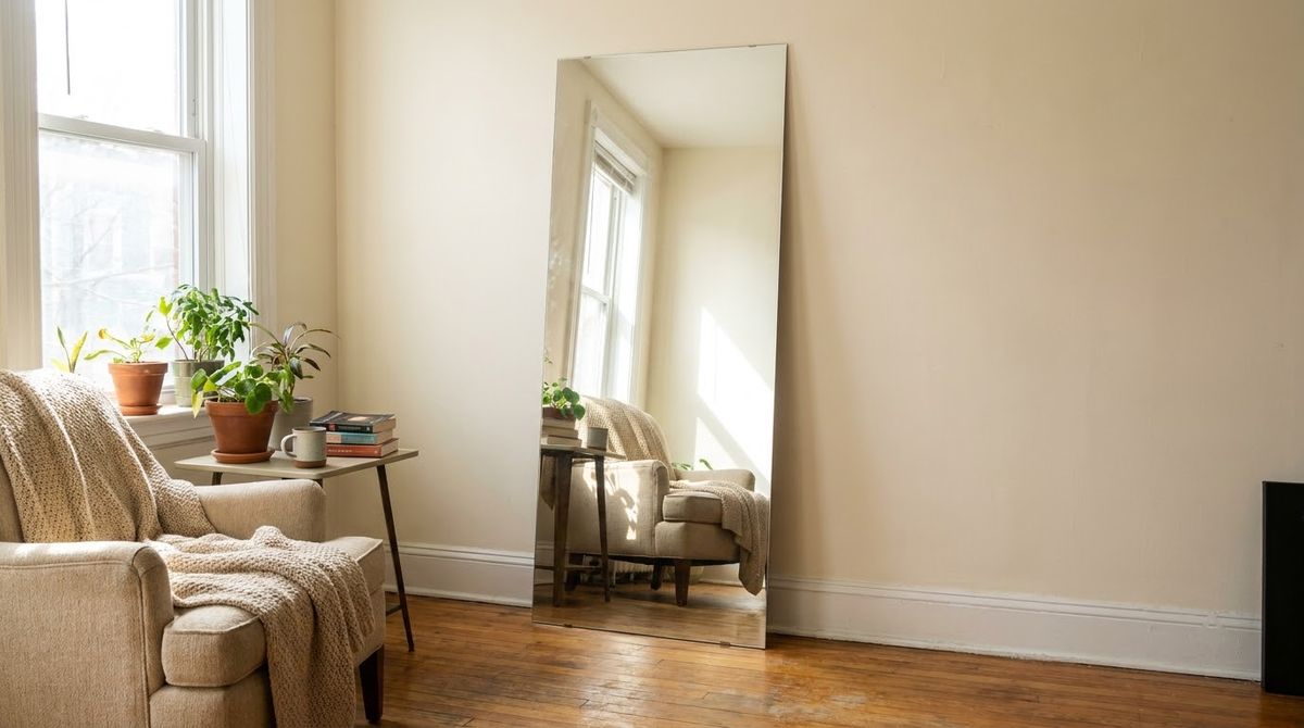 A Leaning Floor Mirror Panel idea for renter friendly wall panels in a small rental A Leaning Floor Mirror Panel idea for renter friendly wall panels in a small rental