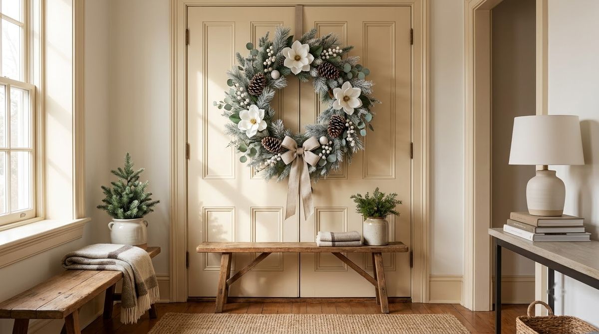 One Oversized Wreath for a Wide Entry idea for winter wreath ideas in a small rental
