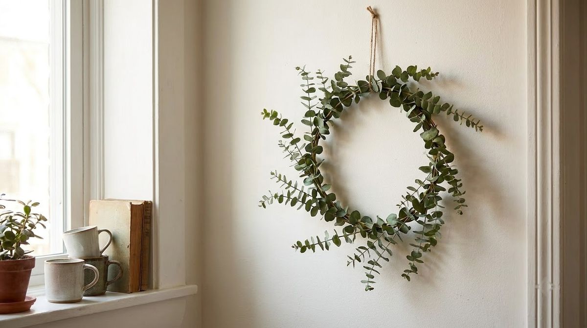 Three Eucalyptus Stems Bent Into a Ring idea for winter wreath ideas in a small rental