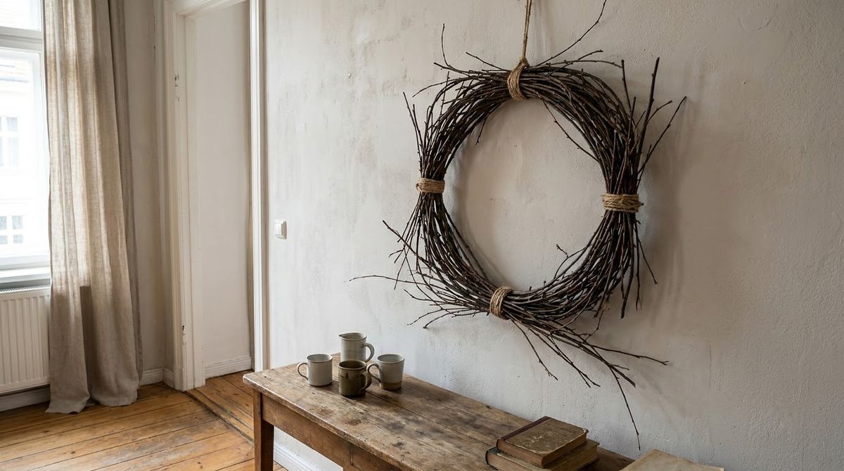 A Bare Twig Wreath idea for winter wreath ideas in a small rental