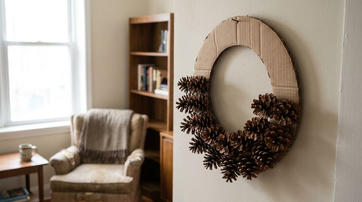 A Pinecone Wreath on a Cardboard Ring idea for winter wreath ideas in a small rental