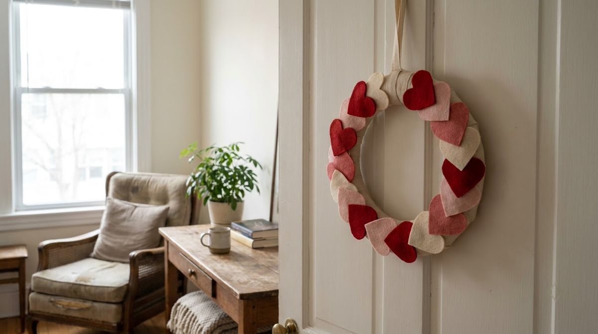 A February Felt Heart Wreath idea for winter wreath ideas in a small rental