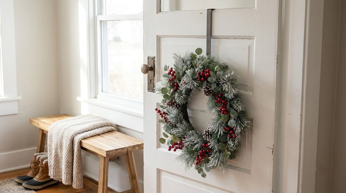 An Over-the-Door Hanger idea for winter wreath ideas in a small rental