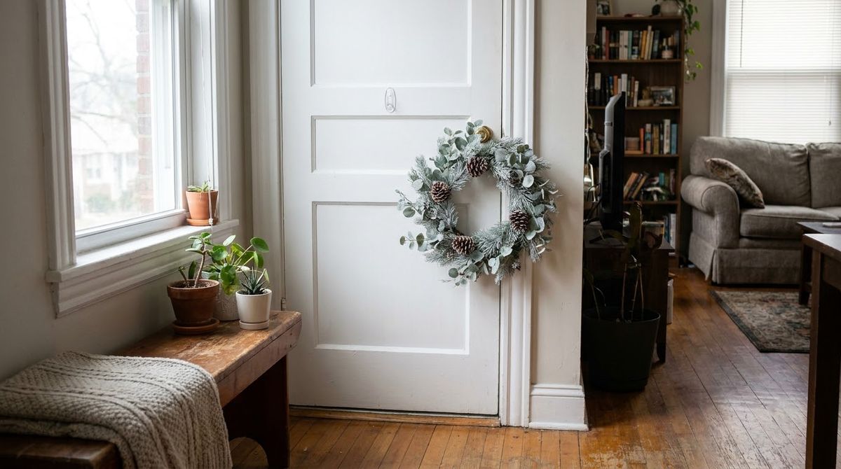 A Rated Removable Hook idea for winter wreath ideas in a small rental