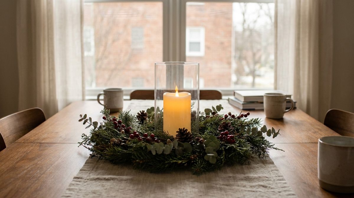 A Tabletop Wreath Around an LED Candle idea for winter wreath ideas in a small rental
