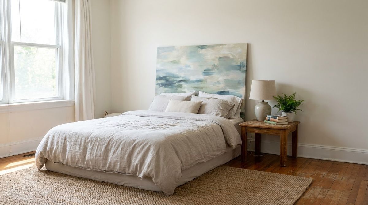 Oversized Art Leaned Behind the Bed idea for headboard ideas in a small rental Oversized Art Leaned Behind the Bed idea for headboard ideas in a small rental
