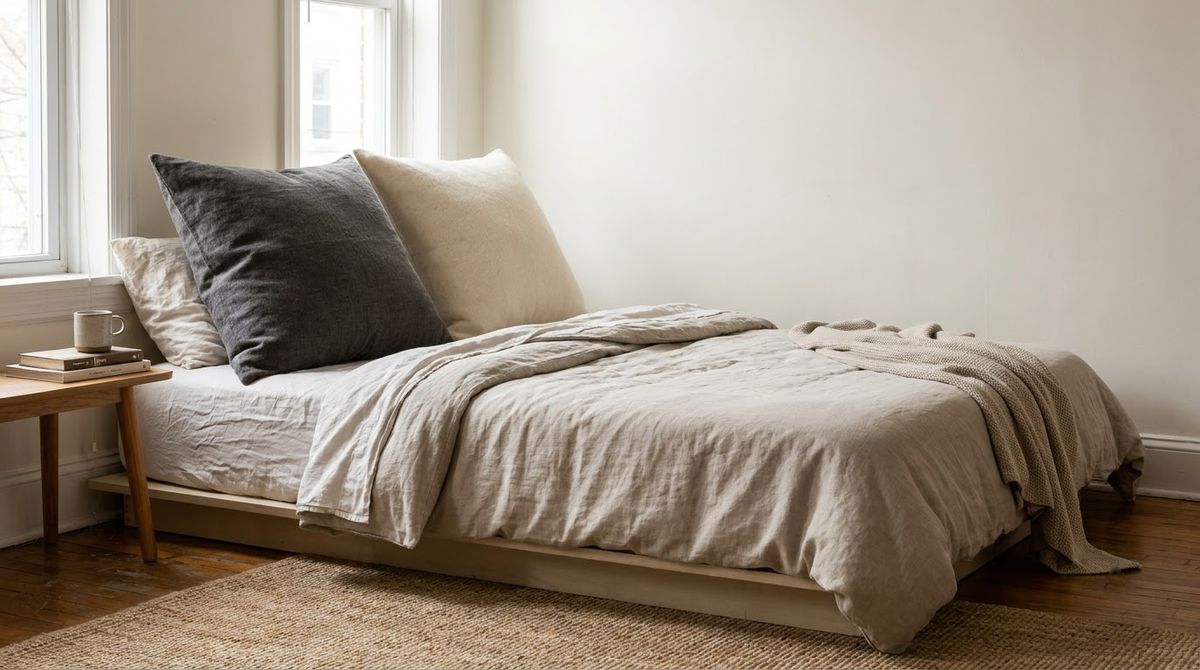 Stacked Pillows Against the Wall idea for headboard ideas in a small rental Stacked Pillows Against the Wall idea for headboard ideas in a small rental