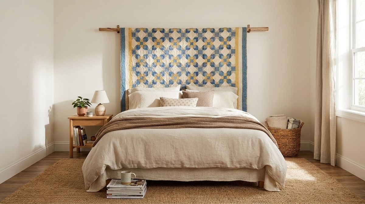 A Quilt on a Rod idea for headboard ideas in a small rental A Quilt on a Rod idea for headboard ideas in a small rental