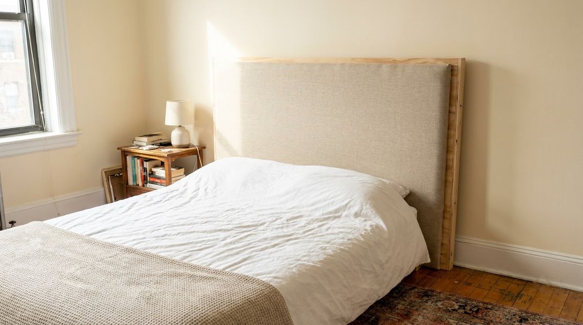 A DIY Upholstered Panel idea for headboard ideas in a small rental A DIY Upholstered Panel idea for headboard ideas in a small rental