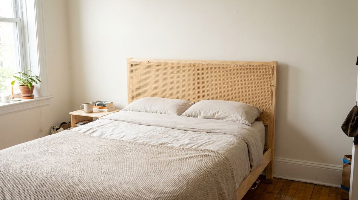 A Cane Webbing Panel idea for headboard ideas in a small rental A Cane Webbing Panel idea for headboard ideas in a small rental