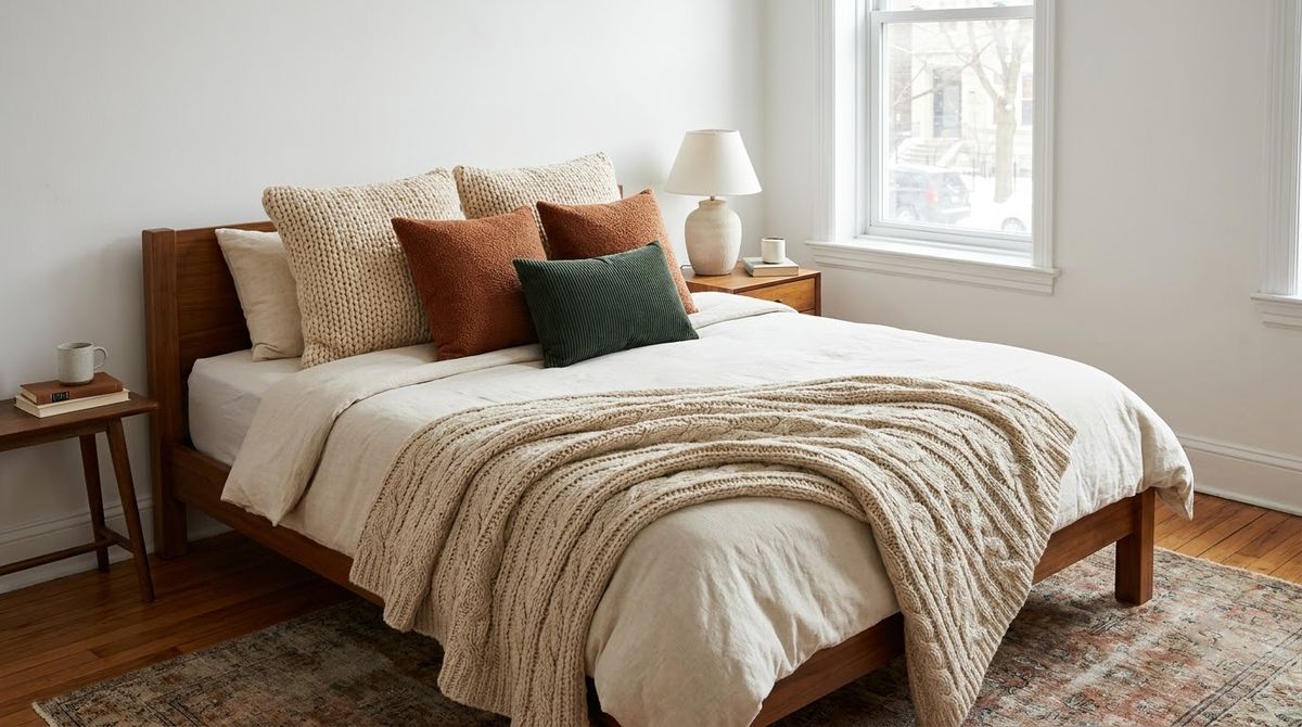 Chunky Texture on the Pillows idea for winter bedroom decor in a small rental Chunky Texture on the Pillows idea for winter bedroom decor in a small rental