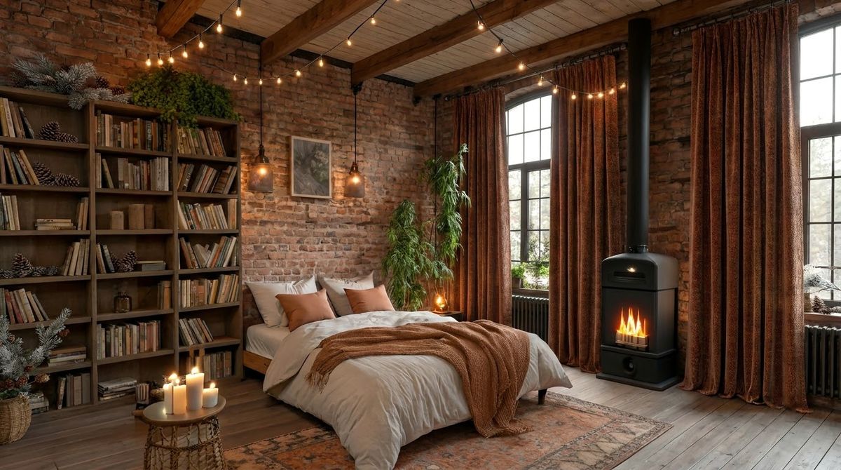 Heavier Curtains That Hang Past the Frame idea for winter bedroom decor in a small rental Heavier Curtains That Hang Past the Frame idea for winter bedroom decor in a small rental