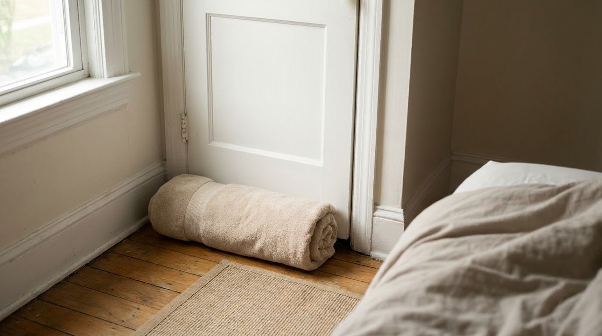 A Rolled Towel Along the Door Gap idea for winter bedroom decor in a small rental A Rolled Towel Along the Door Gap idea for winter bedroom decor in a small rental