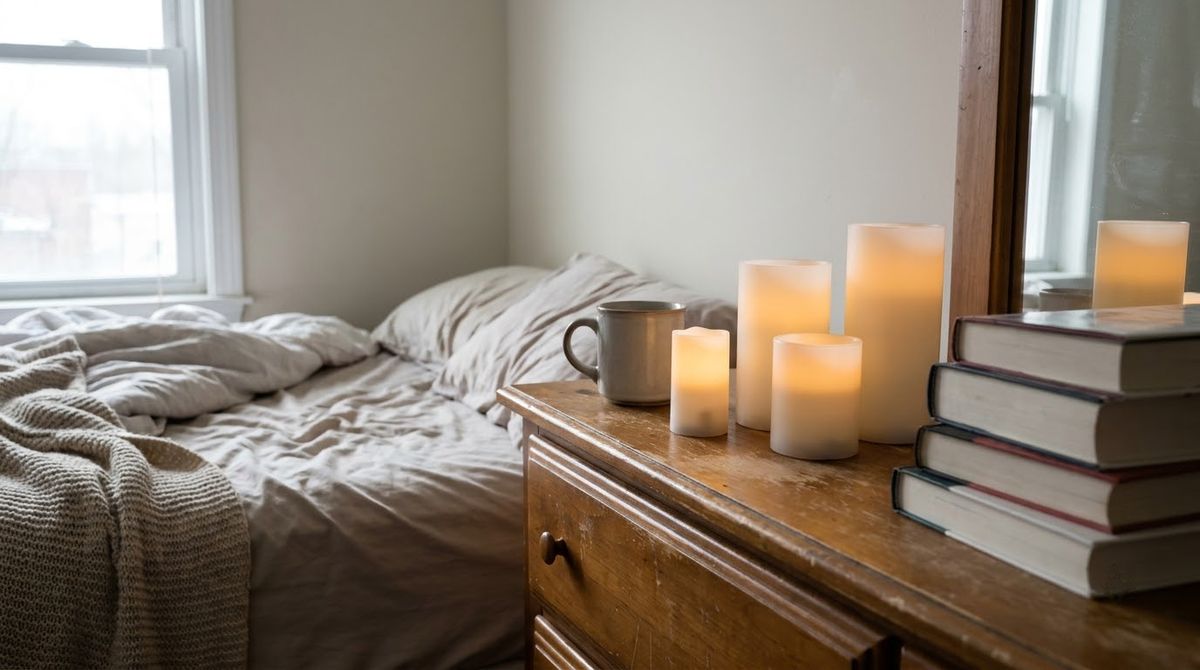 Battery LED Candles on the Dresser idea for winter bedroom decor in a small rental Battery LED Candles on the Dresser idea for winter bedroom decor in a small rental