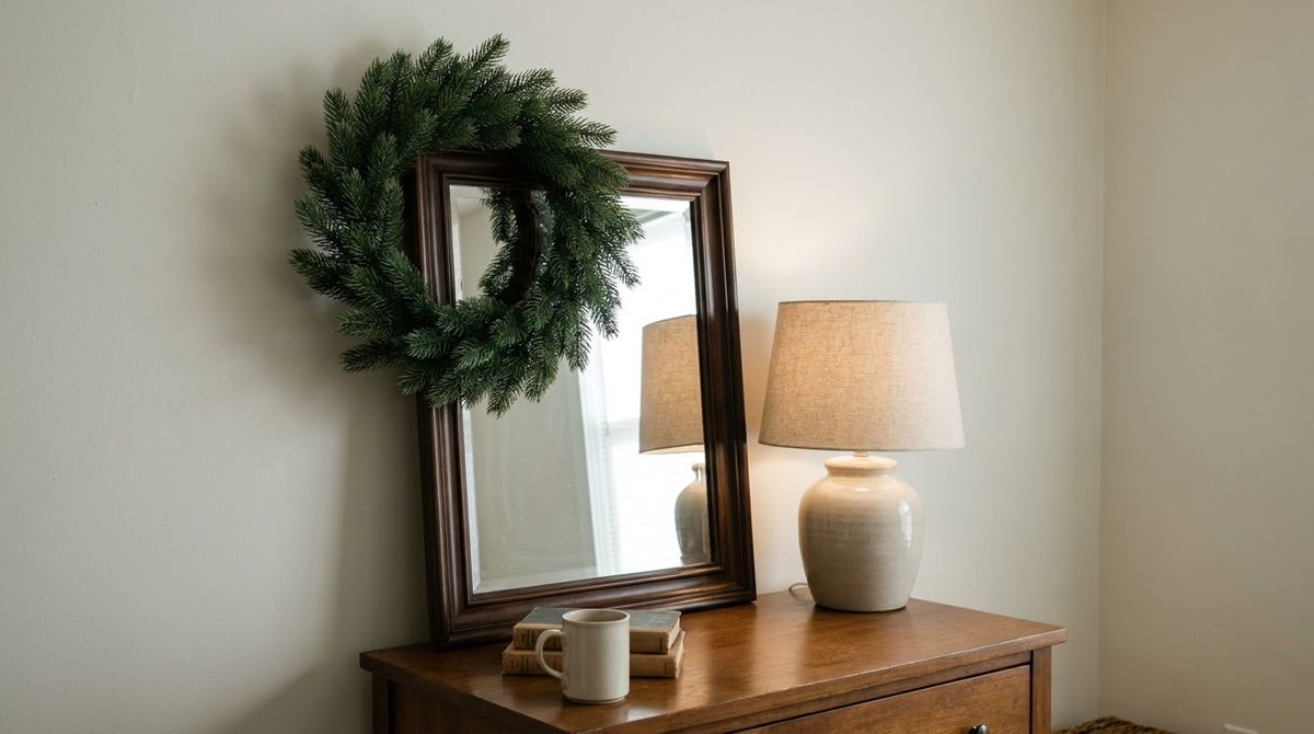 A Faux Evergreen Wreath Against the Wall idea for winter bedroom decor in a small rental A Faux Evergreen Wreath Against the Wall idea for winter bedroom decor in a small rental