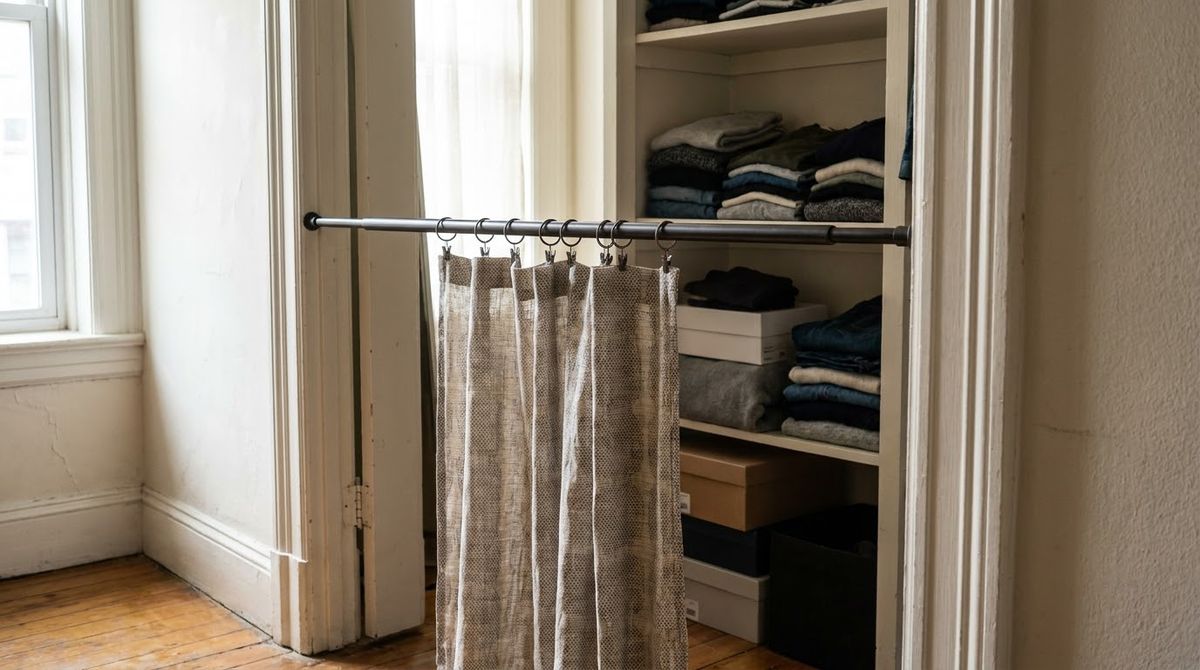 A Rod Across an Alcove or Closet Opening idea for renter friendly curtains A Rod Across an Alcove or Closet Opening idea for renter friendly curtains