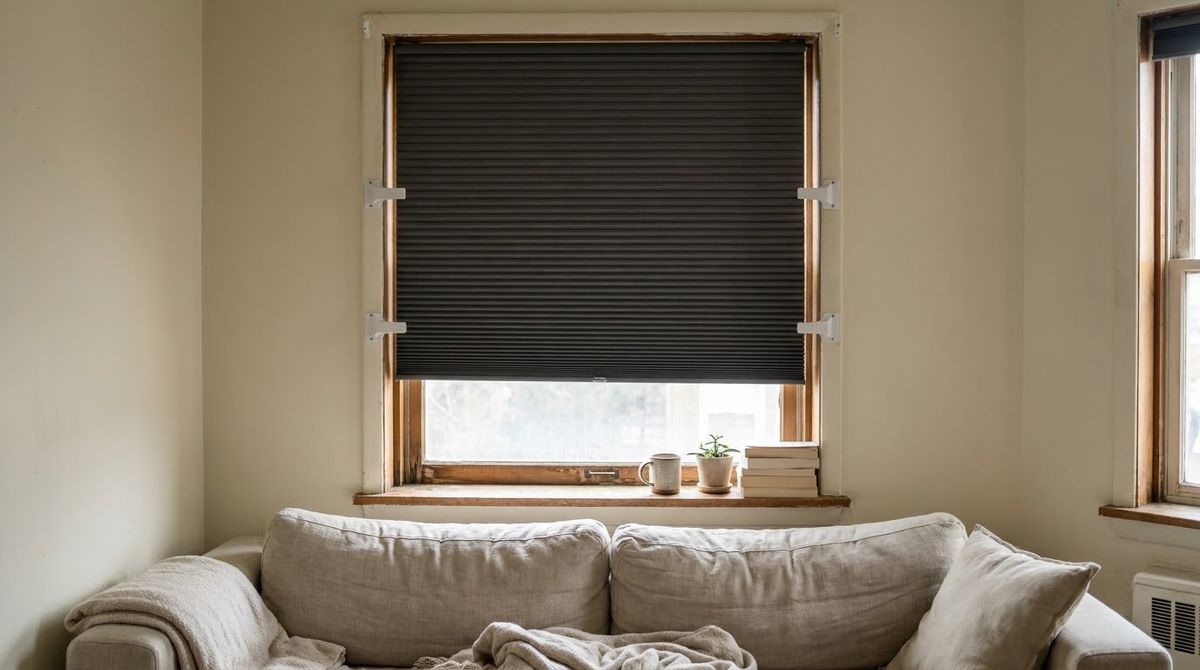A Blackout Pleated Blind With Brackets idea for renter friendly curtains in a small rental A Blackout Pleated Blind With Brackets idea for renter friendly curtains in a small rental