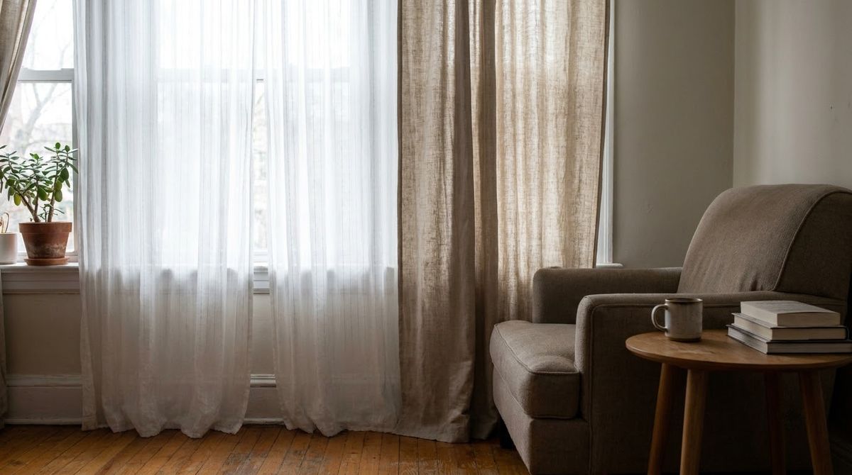 Sheers Behind a Heavier Panel idea for renter friendly curtains in a small rental Sheers Behind a Heavier Panel idea for renter friendly curtains in a small rental
