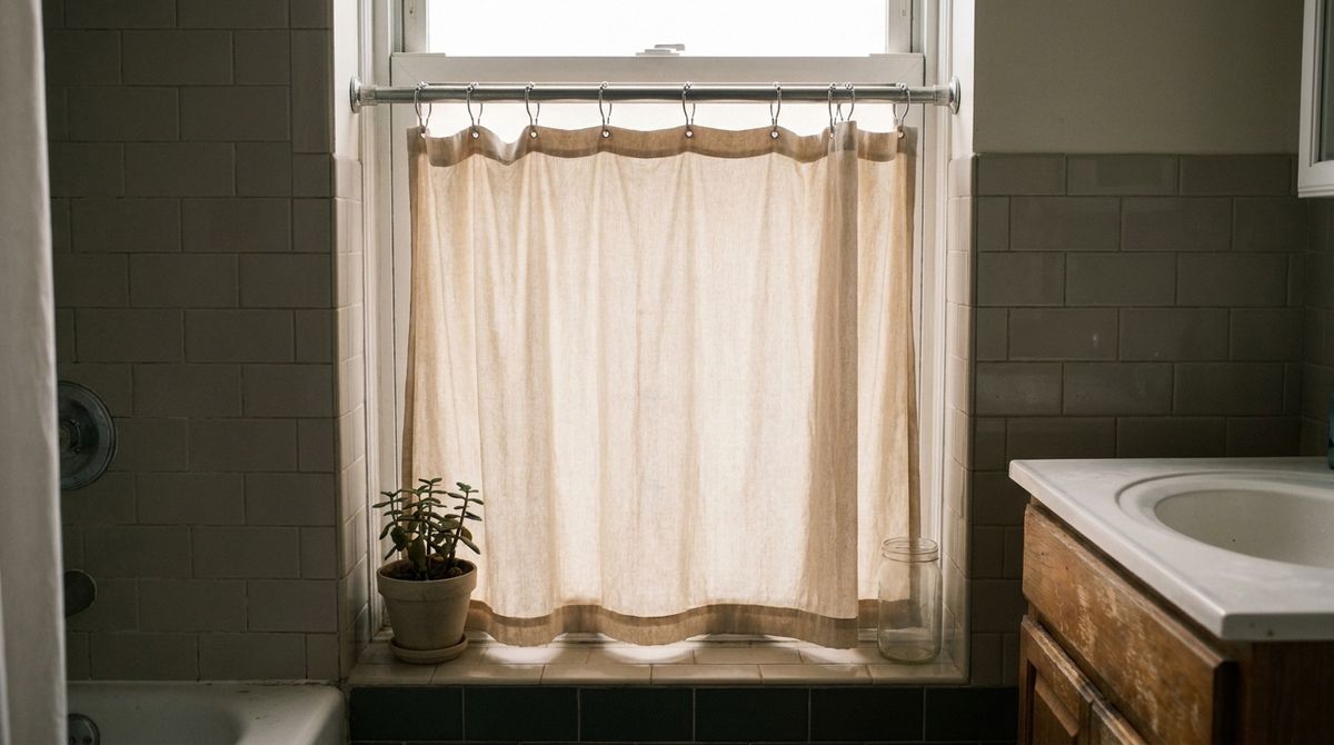 A Bathroom Window Curtain on Shower Rings idea for renter friendly curtains in a small rental A Bathroom Window Curtain on Shower Rings idea for renter friendly curtains in a small rental