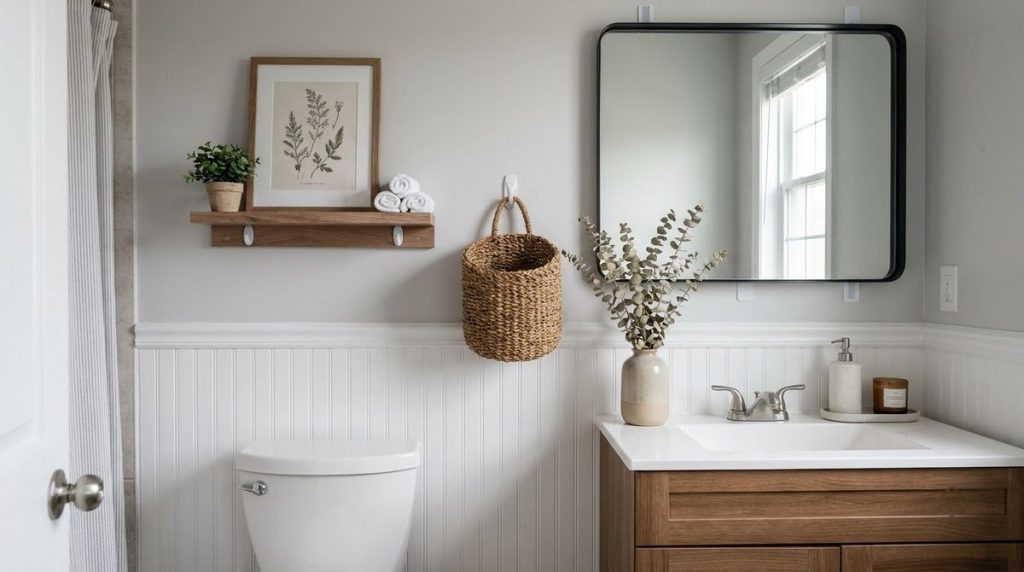 Small bathroom wall decor ideas styled for a small apartment or rental home