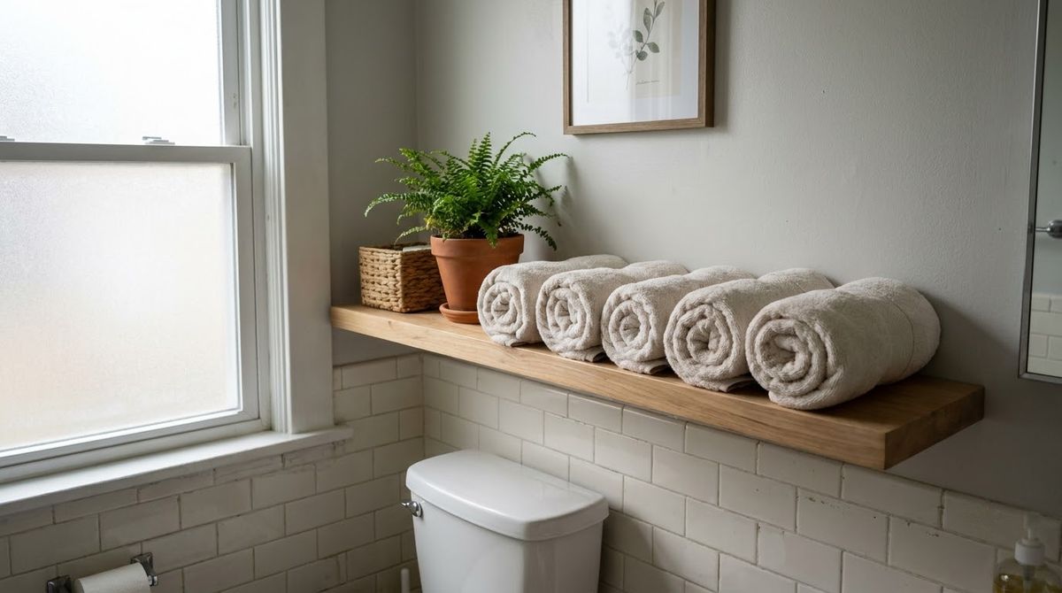 A Long Shelf Above the Toilet idea for small bathroom wall decor ideas