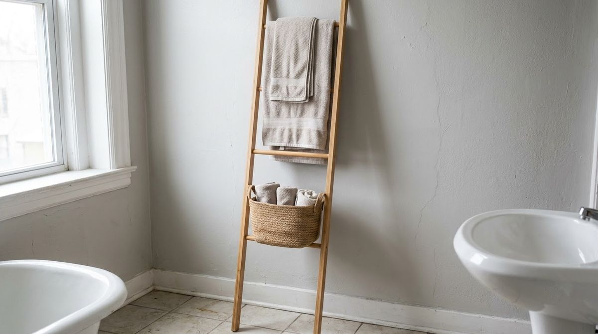 A Leaning Ladder Rack idea for small bathroom wall decor ideas in a small rental