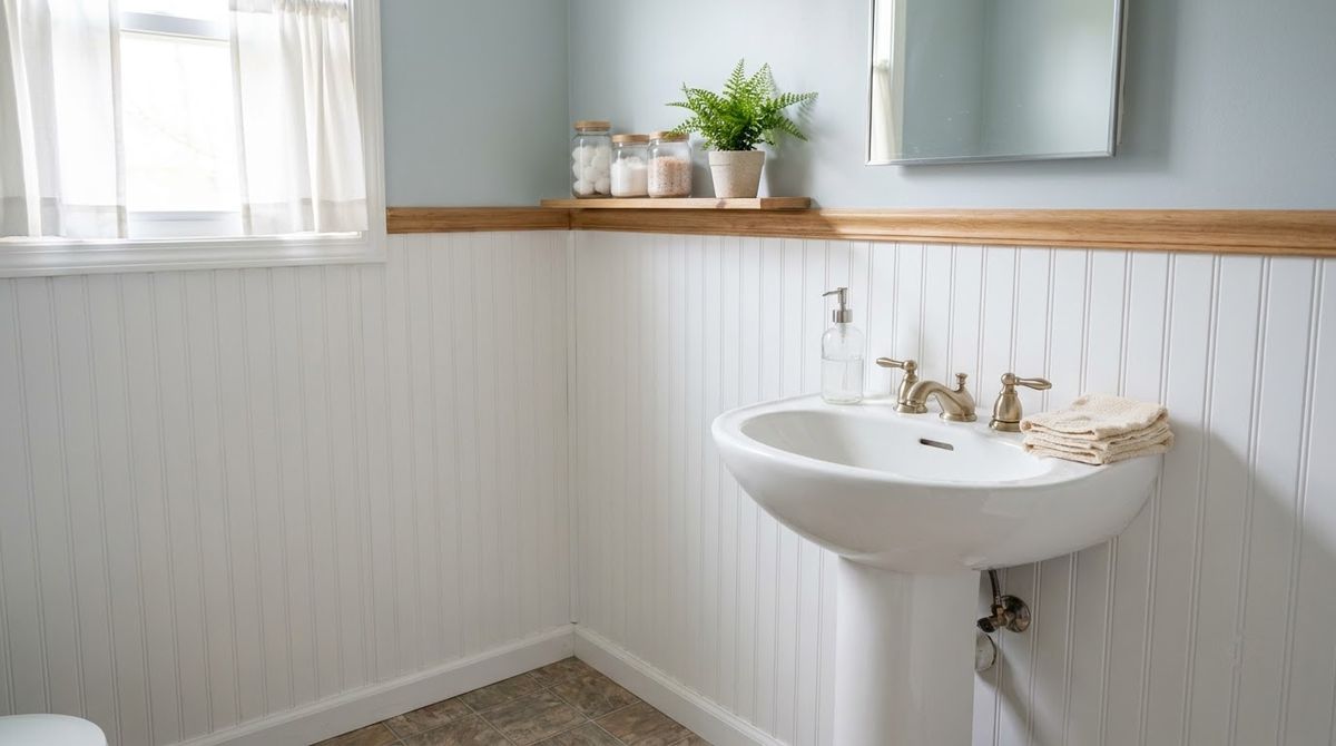 Peel-and-Stick Beadboard Panels idea for small bathroom wall decor ideas in a small rental
