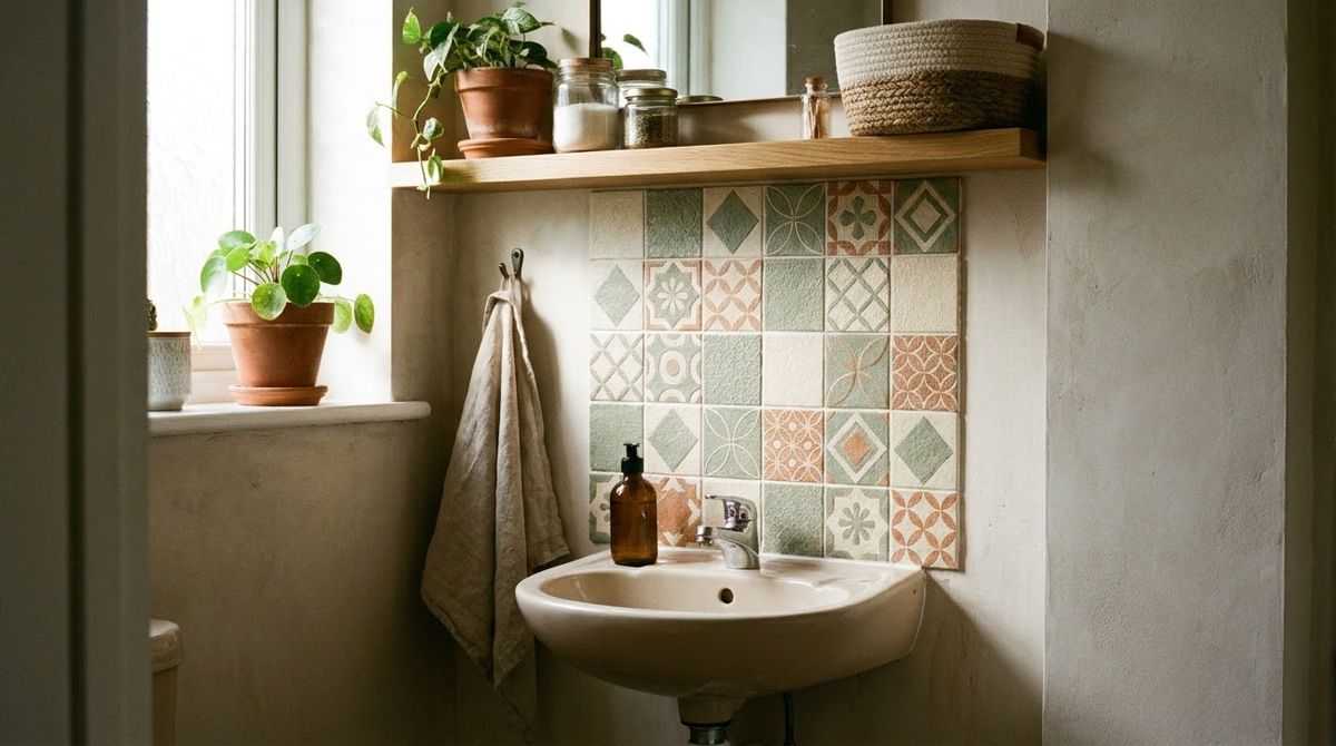 Peel-and-Stick Tile as a Mini Backsplash idea for small bathroom wall decor ideas