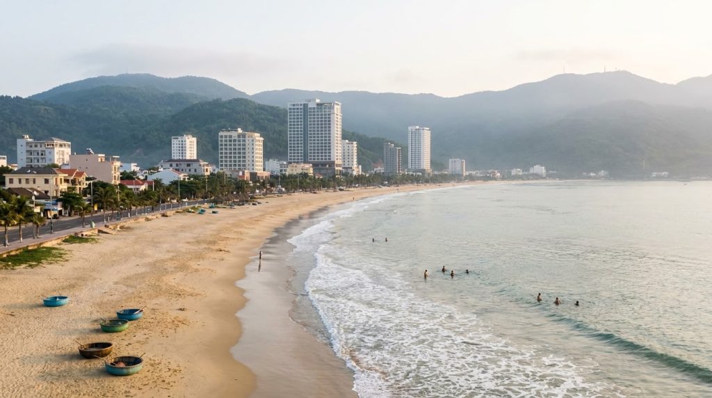 Illustration of My Khe Beach at sunrise, the area most travellers choose when deciding where to stay in Da Nang