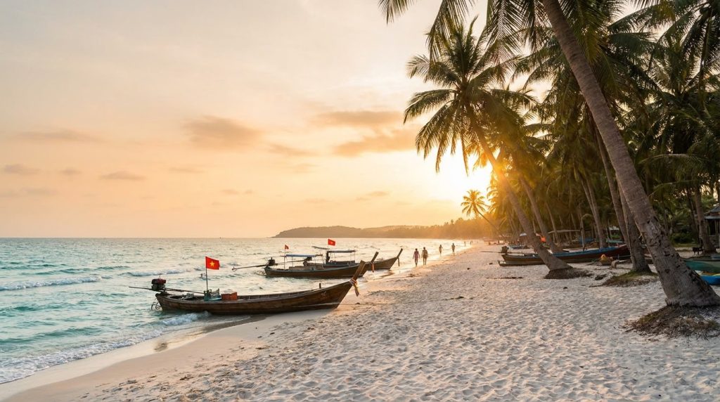 Illustration of Long Beach on Phu Quoc at golden hour, for a guide on where to stay in Phu Quoc