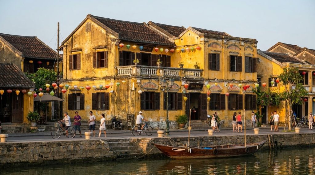 Illustration of the Hoi An riverfront with lanterns and yellow shophouses, for a guide to the best hotels in Hoi An