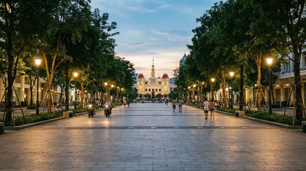 Illustration of best hotels in Ho Chi Minh City: Nguyen Hue Walking Street at dusk with trees and street lamps