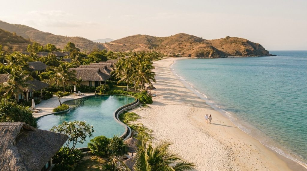 Illustration of a beach resort on the Cam Ranh coast, for a guide to the best Nha Trang resorts