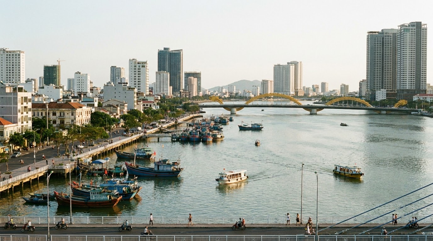 Han River and city centre in Da Nang, Vietnam: AI illustration of the area